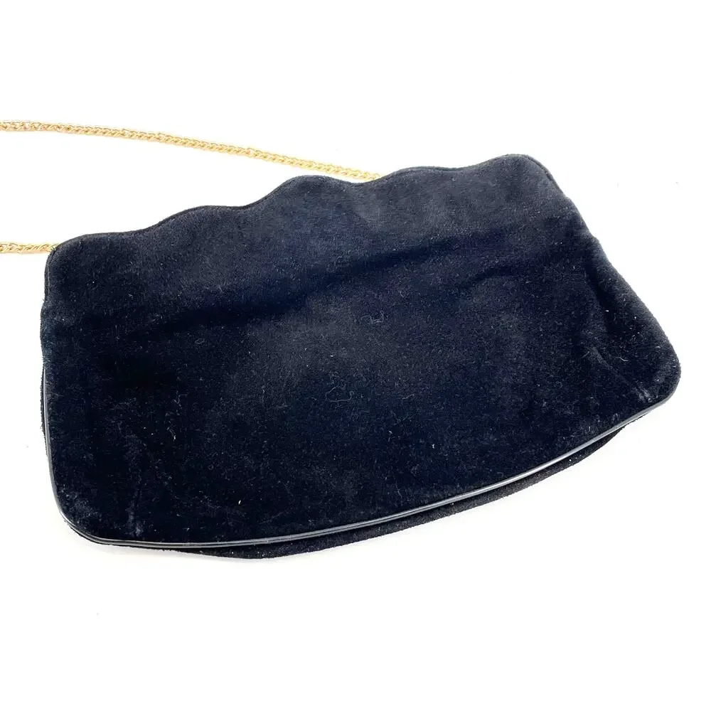 vintage 1970's mixed material scallop edge chain strap black suede handbag purse